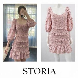 Storia | M | Smocked Pink Floral Ruffle Midi Dress